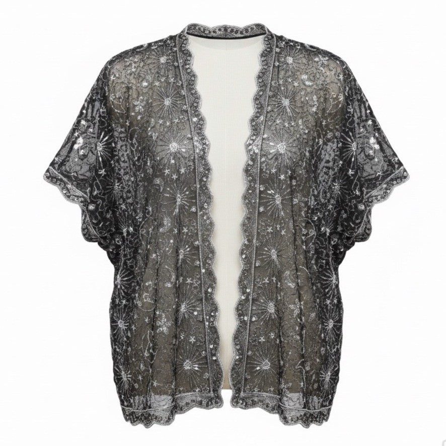 Dreamkeeper Collection Womens Black Sheer Kimono Stars Embellished Open Front OS