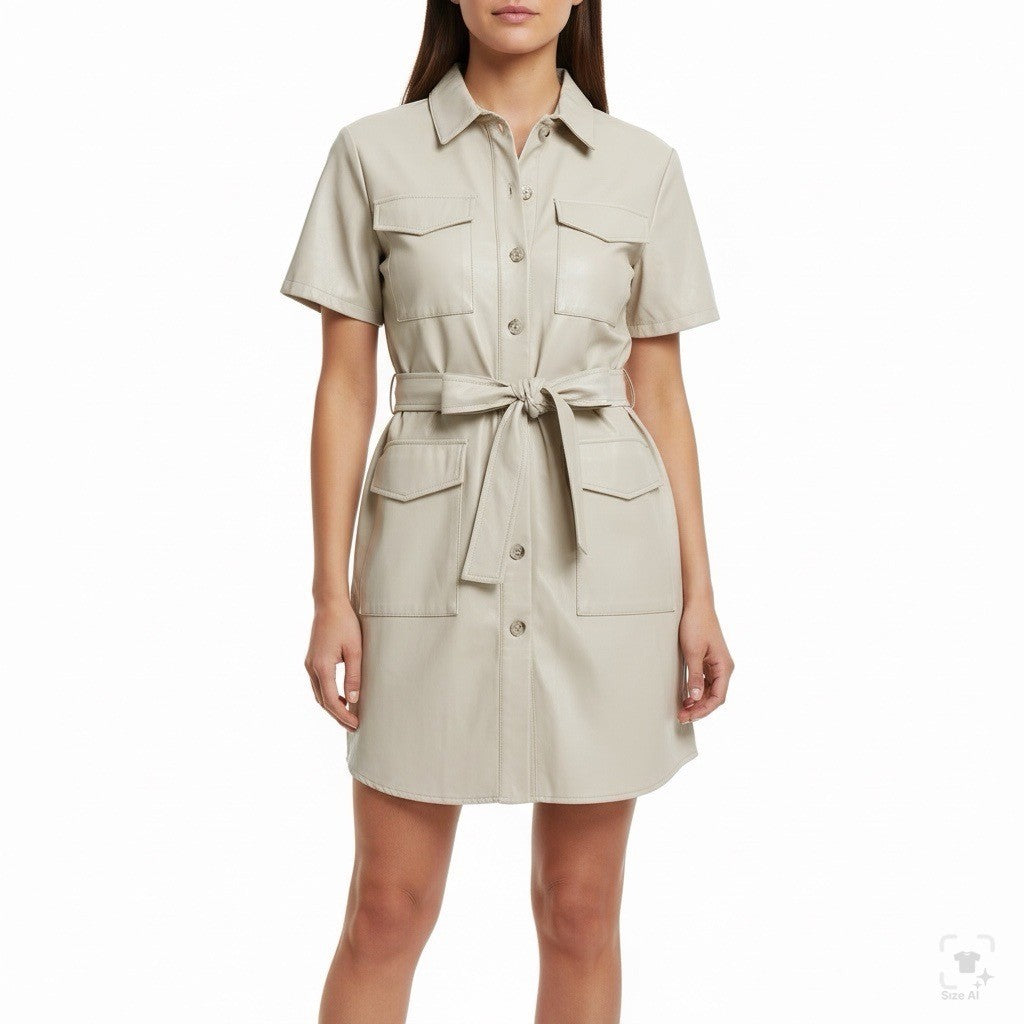 House Of Harlow 1960 Beige Faux Leather Short Sleeve Button-Down Mini Dress Sz S