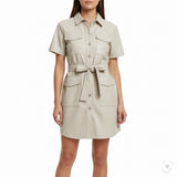 House Of Harlow 1960 Beige Faux Leather Short Sleeve Button-Down Mini Dress Sz S