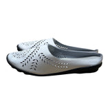 Women’s White Faux Leather Cut Out Floral Design Black Soles Slip-On Shoes Sz 37