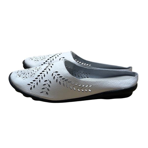 Women’s White Faux Leather Cut Out Floral Design Black Soles Slip-On Shoes Sz 37