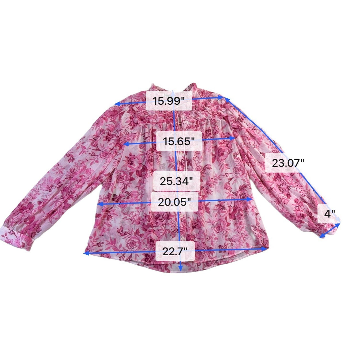Zara Womens Pink Floral Sheer Blouse Long Sleeve Button Front Ruffled Collar Siz
