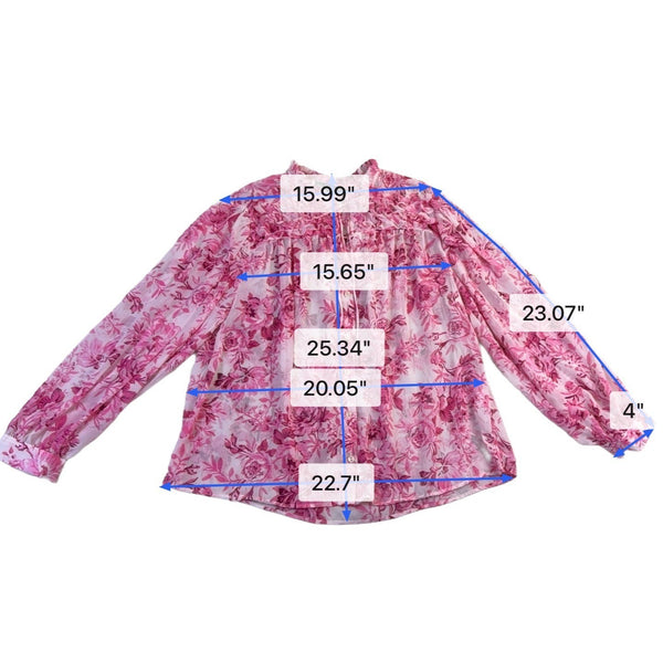 Zara Womens Pink Floral Sheer Blouse Long Sleeve Button Front Ruffled Collar Siz