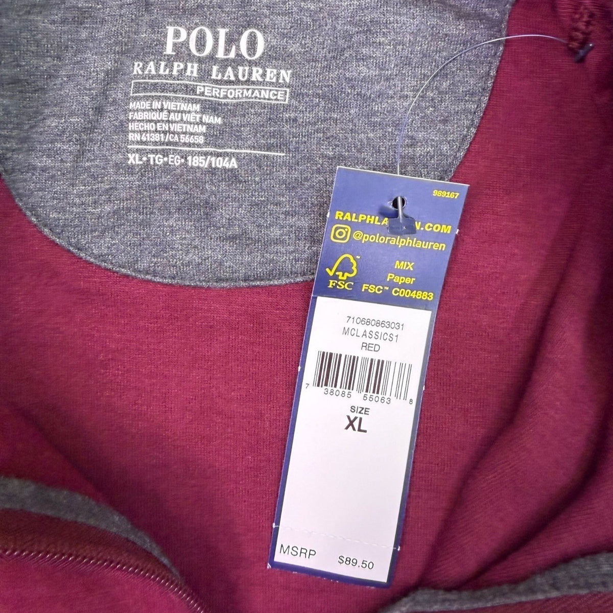 Polo Ralph Lauren Mens Burgundy Performance Pullover Quarter-Zip Size XL