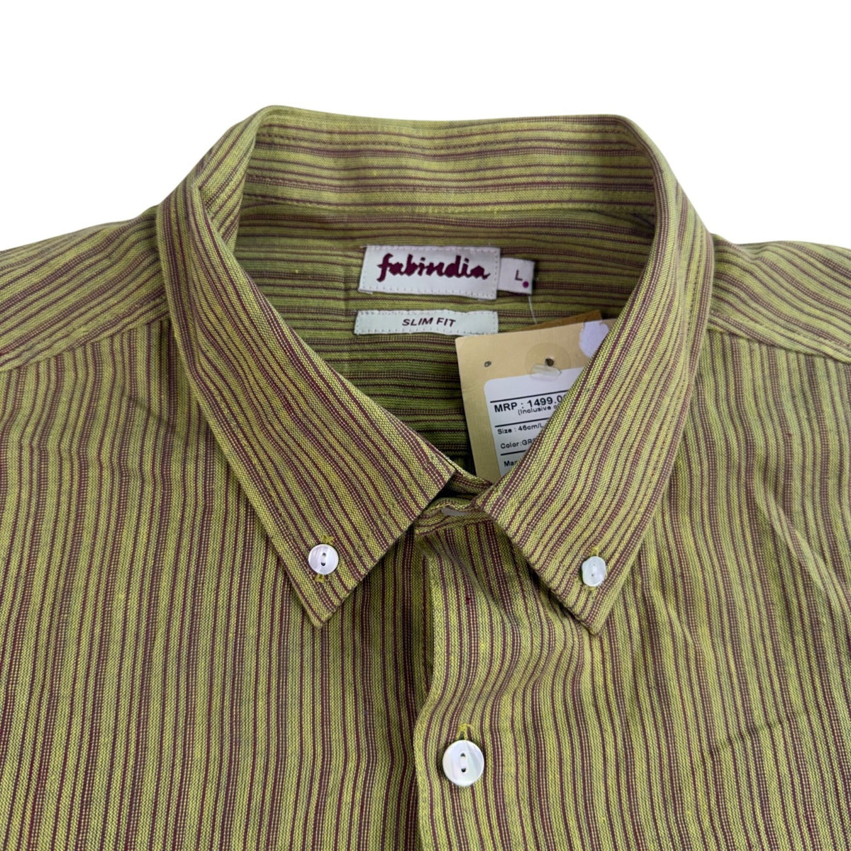 Fabindia Mens Green Striped Cotton Shirt Slim Fit Long Sleeve Size L - New