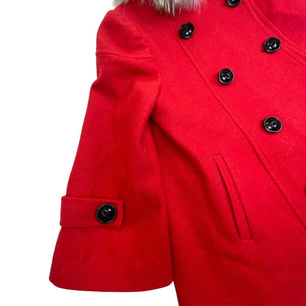 Fayuan Girls Red Double-Breasted Hooded Coat Real Fur Trim Jacket