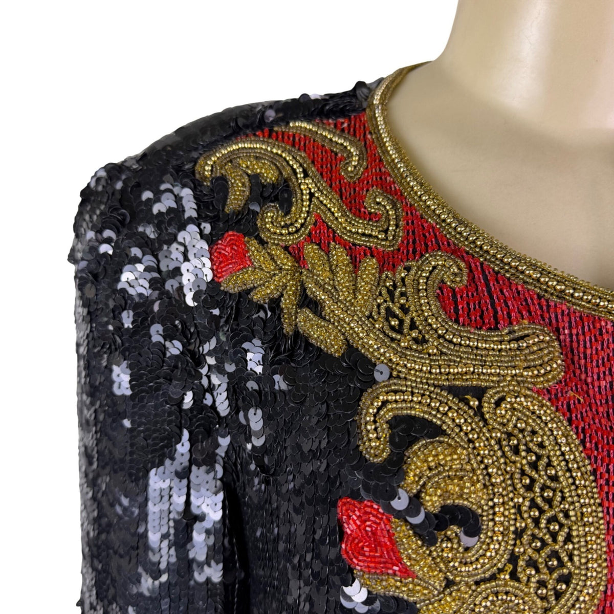 Marie Ellyse Womens Black Sequin & Gold Embellished Silk Cropped Jacket Size L