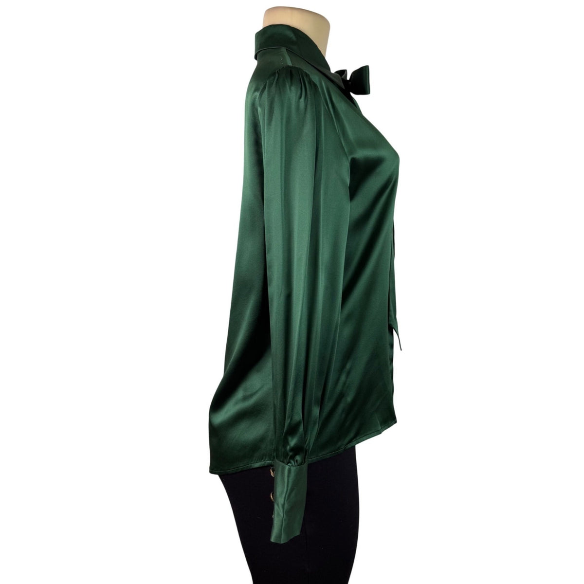LilySilk Womens Green Mulberry Silk Bow-Tie Blouse Satin Button Cuffs Sz M