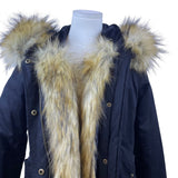 Boohoo Women's Black Faux Fur Hooded Parka Jacket Full-Zip Drawstring Waist Sz 4