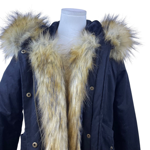 Boohoo Women's Black Faux Fur Hooded Parka Jacket Full-Zip Drawstring Waist Sz 4