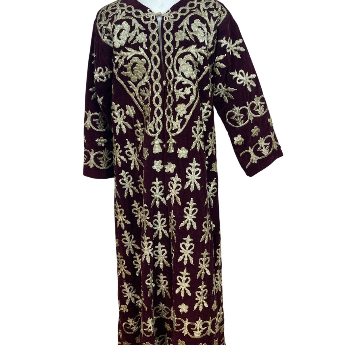 Vintage Women’s Velvet Burgundy & Gold Tone Embroidered Kaftan Dress