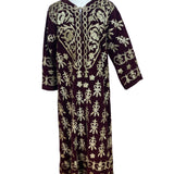 Vintage Women’s Velvet Burgundy & Gold Tone Embroidered Kaftan Dress