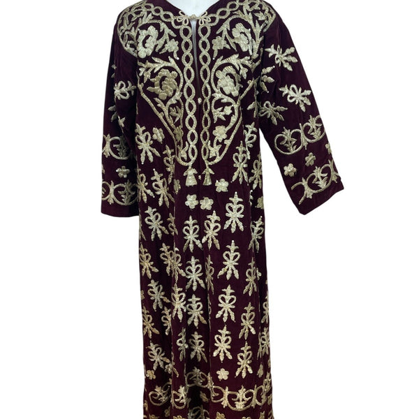 Vintage Women’s Velvet Burgundy & Gold Tone Embroidered Kaftan Dress