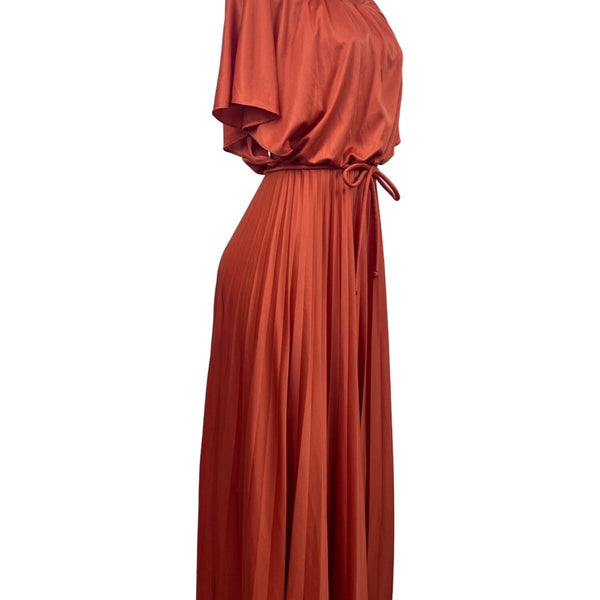 Vintage Style Rust Orange Maxi Dress With Belt & Flutter Sleeves S/M