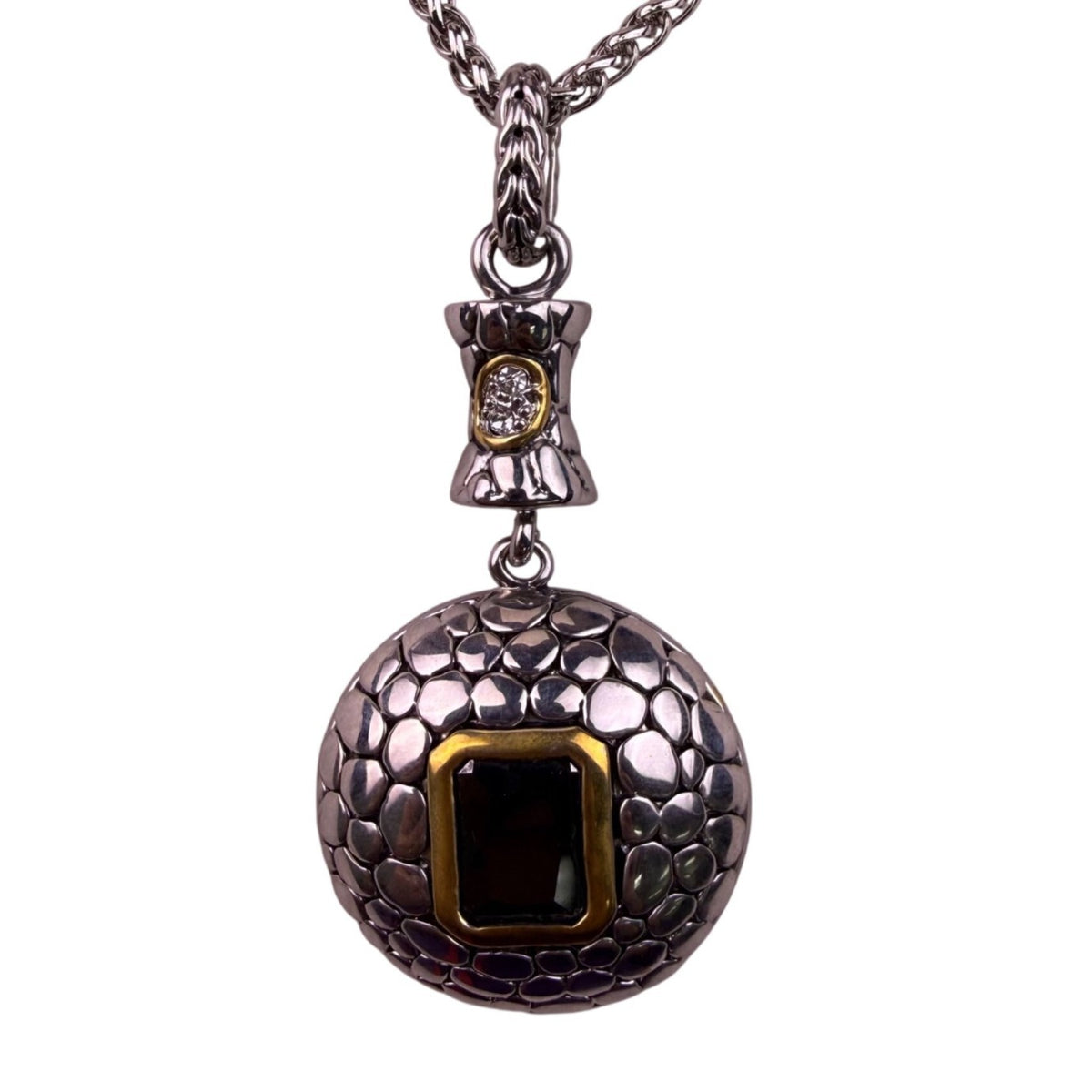 Silver Tone Womens Two-Tone Pendant Necklace Black Stone & Crystal Accent