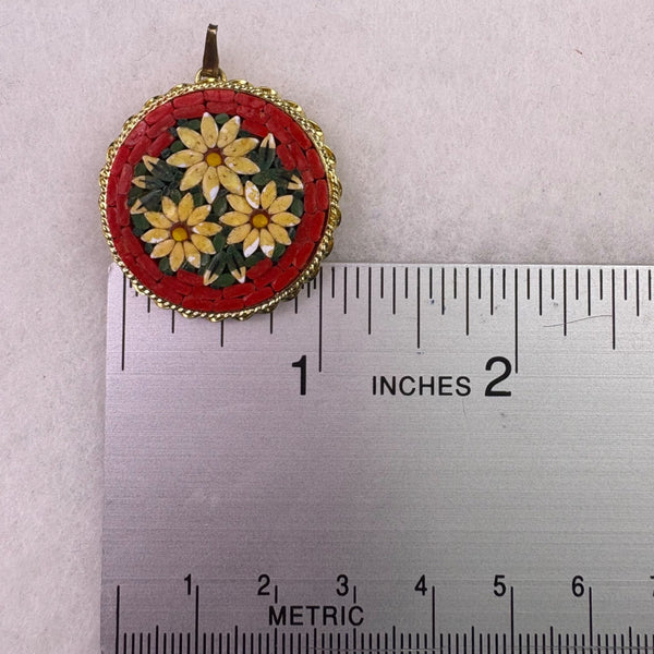 Vintage Italy Womens Mosaic Flower Pendant Metal Round Design