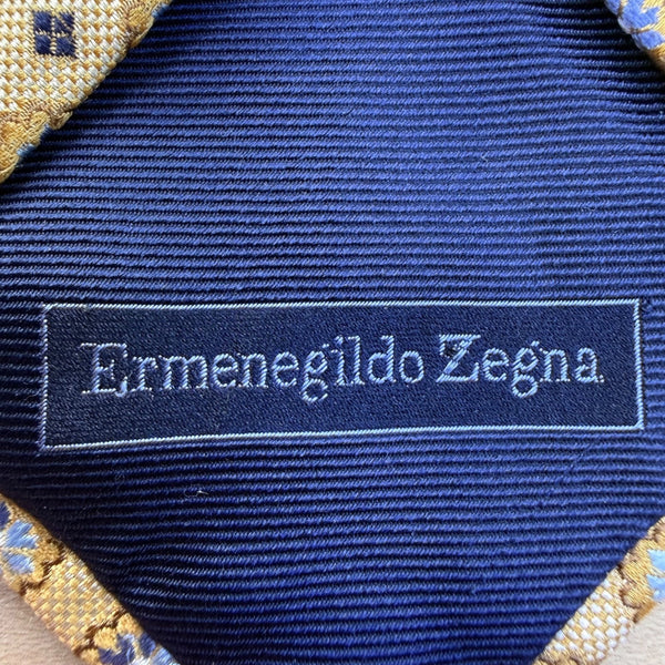 Ermenegildo Zegna Mens Gold Blue Silk Floral Pattern Neck Tie