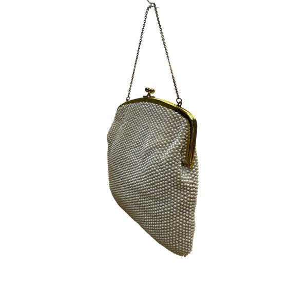 Vintage Women’s White Beaded Evening Clutch Gold Frame Chain Handle