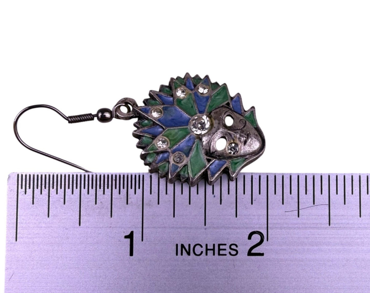 Handcrafted Womens Silver Tone Blue Green Crystal Mask Dangle Earrings