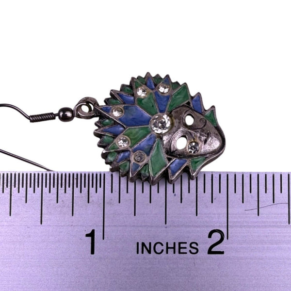 Handcrafted Womens Silver Tone Blue Green Crystal Mask Dangle Earrings