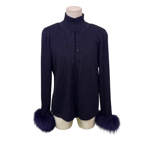 Escada Purple Frostfox Fur Cuff Glitter Set Turtleneck Vest Cardigan Sz 40