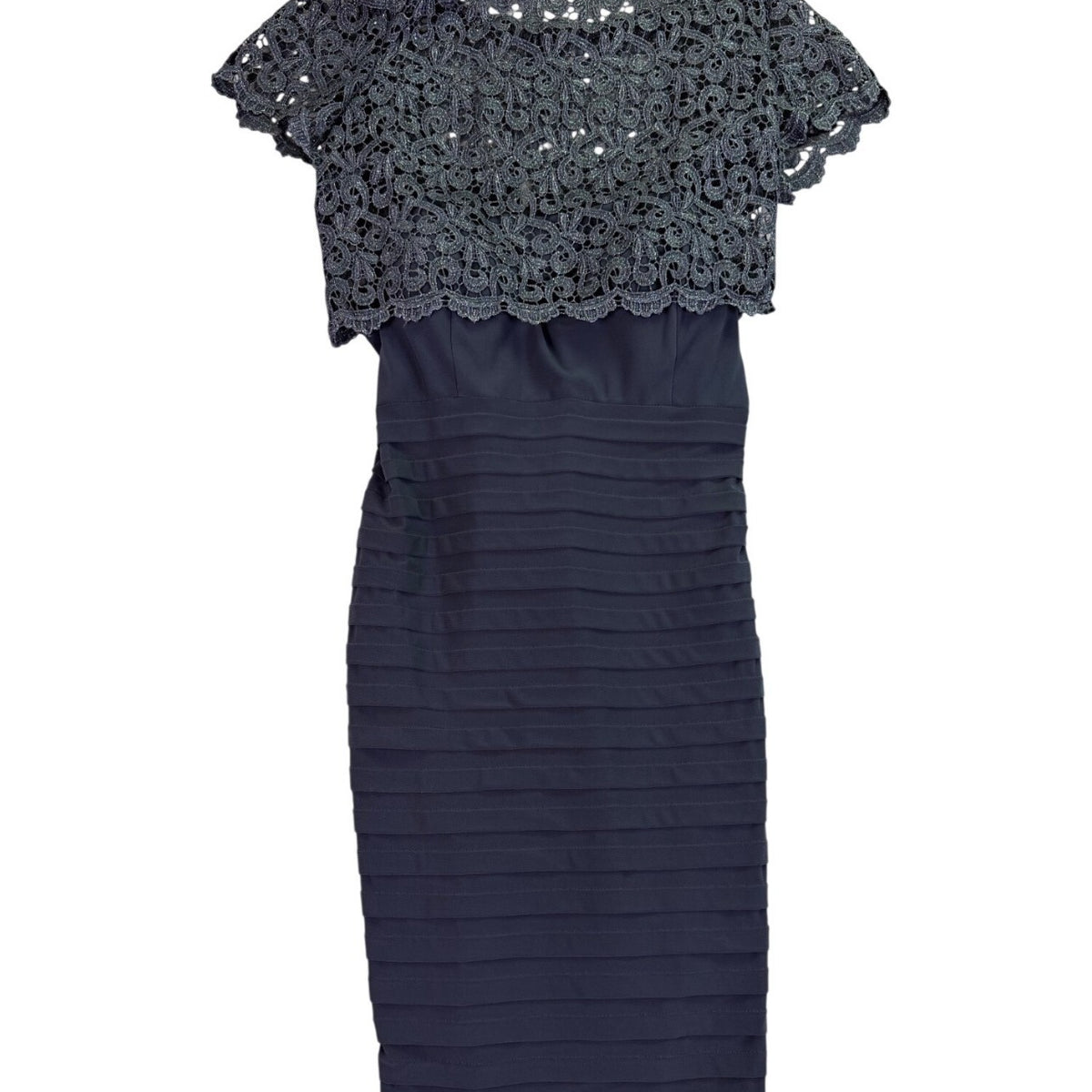 Betsy & Adam Womens Navy Cocktail Shift Dress With Metallic Lace Size 14