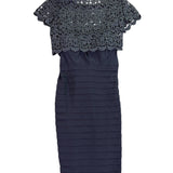 Betsy & Adam Womens Navy Cocktail Shift Dress With Metallic Lace Size 14