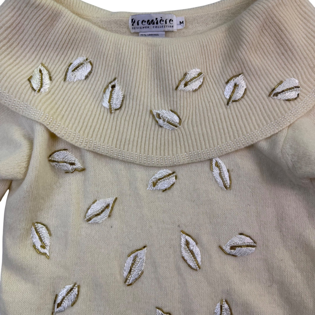 Première Womens Beige Lambswool Off-Shoulder Embroidered Sweater Size M