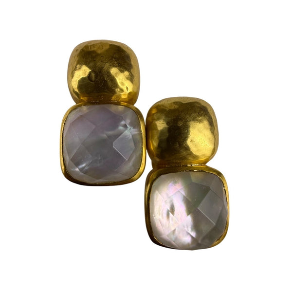 Gold Tone Womens White Mother Of Pearl Clip-On Earrings Hammered Finish Handmade