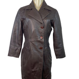 Womens Brown Leather Button-Up Trench Coat With Faux Fur Lining