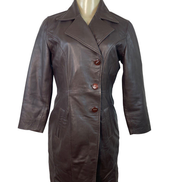 Womens Brown Leather Button-Up Trench Coat With Faux Fur Lining