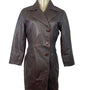 Womens Brown Leather Button-Up Trench Coat With Faux Fur Lining