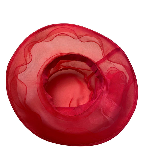Red Womens Sheer Organza Wide Brim Hat With Ribbon Accent Elegant Style