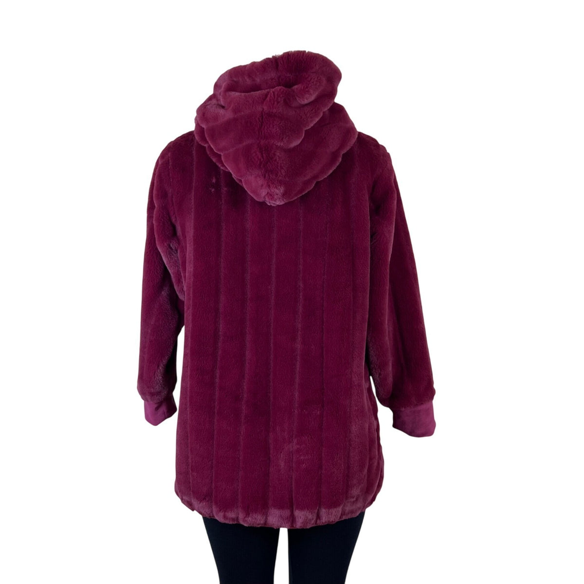 Soft Surroundings Women's Burgundy Faux Fur Hooded Jacket Full-Zip Pockets Sz SP