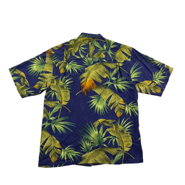 Tommy Bahama Mens Navy Hawaiian Button-Down Shirt Palm Leaf Pattern Size L