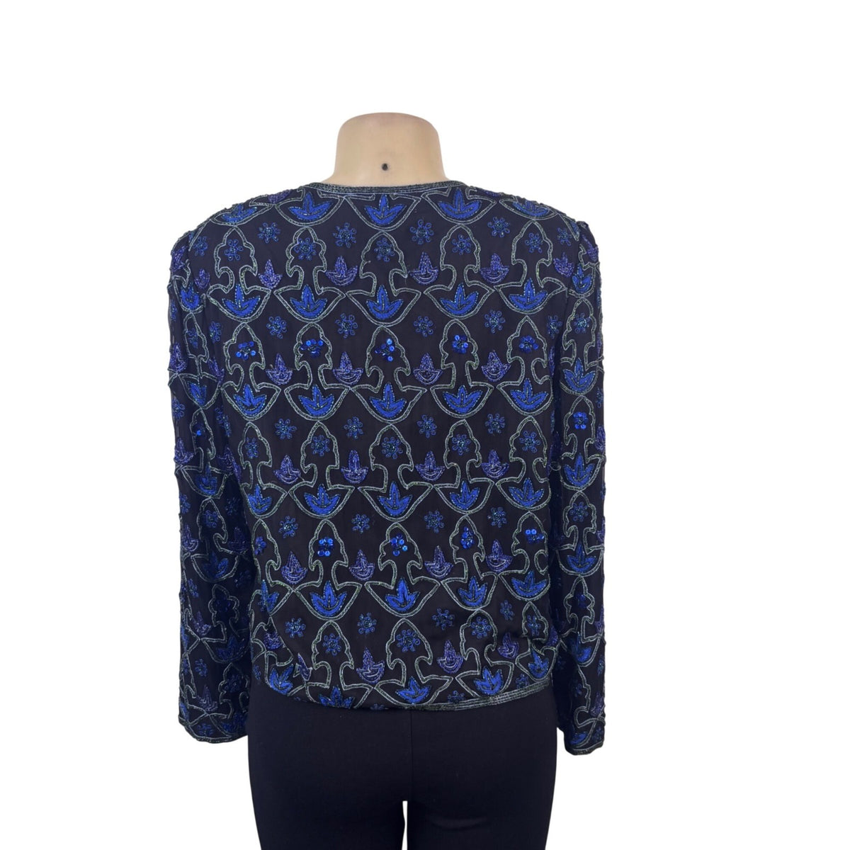 Laurence Kazar Womens Black & Blue Silk Beaded Floral Jacket Elegant Size M