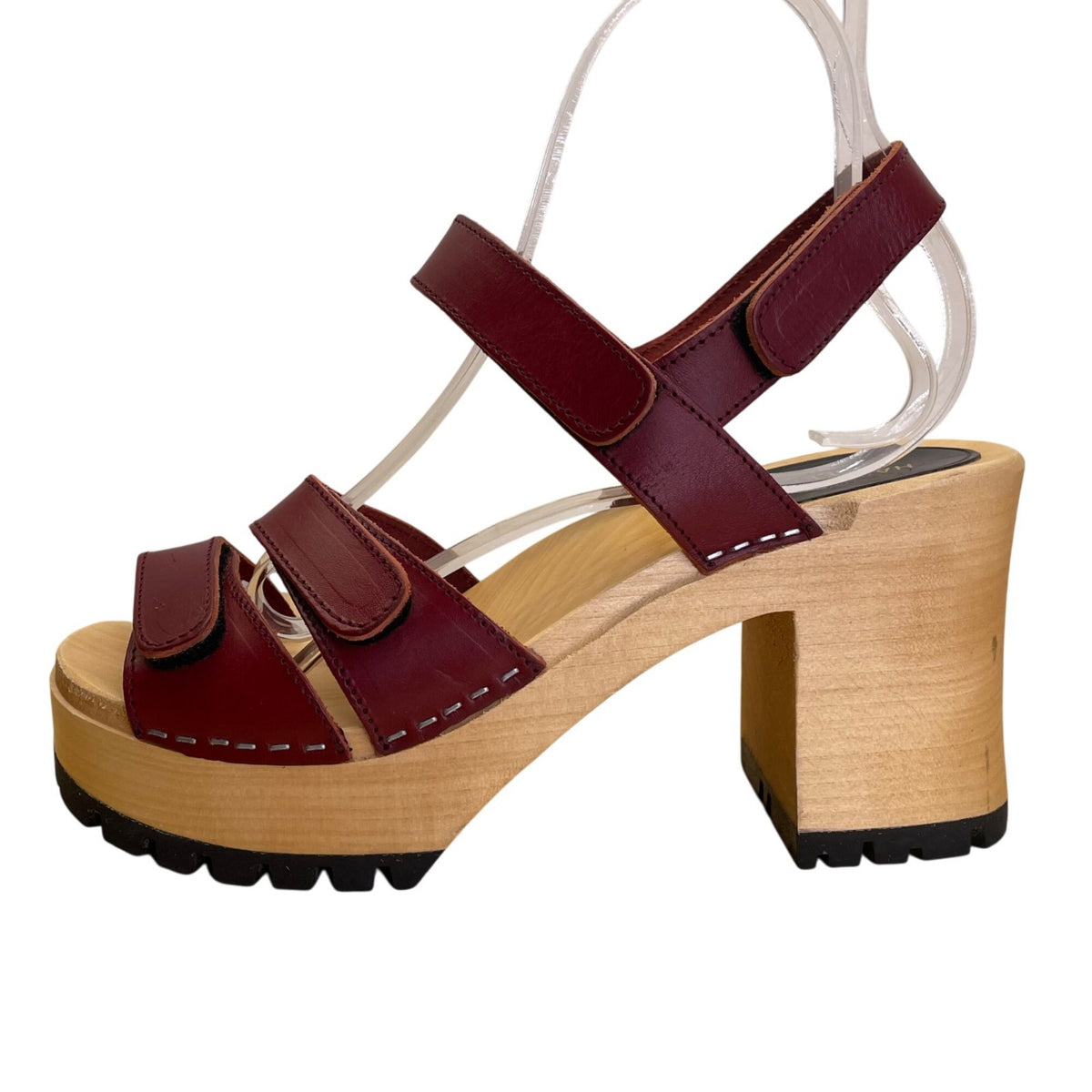 Hasbeens Swedish Women’s Burgundy Leather Wooden Platform Sandals Size US 10
