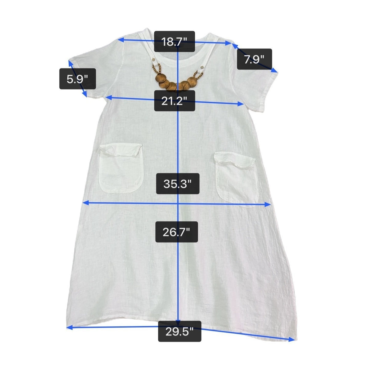 Made In Italy Womens White Linen Short Sleeve Midi Dress Pockets Relaxed Fit