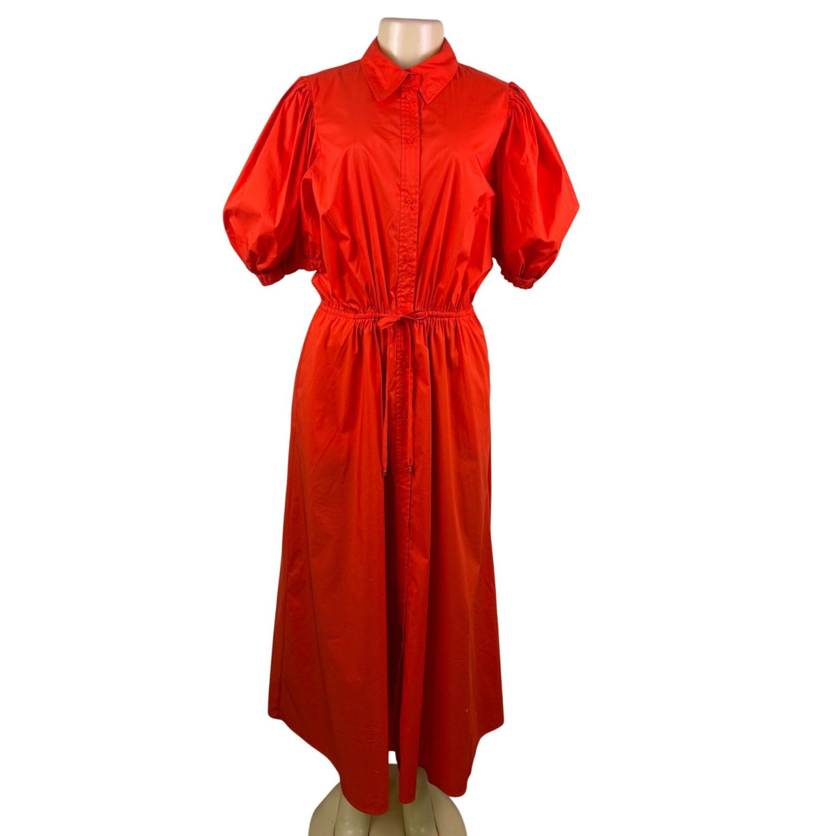 Lauren Ralph Lauren Womens Red Button-Up Puff Sleeve Midi Dress Sz 12 - New