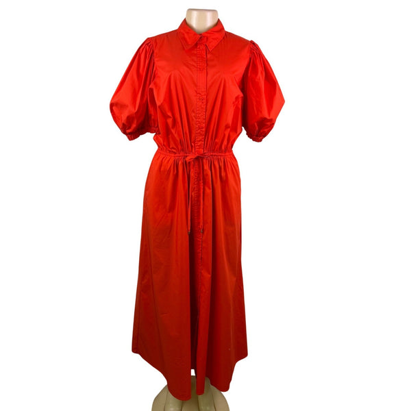 Lauren Ralph Lauren Womens Red Button-Up Puff Sleeve Midi Dress Sz 12 - New