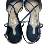 Salvatore Ferragamo Women’s Black Suede Bow Gold Accent Heel Sandals Size 10B