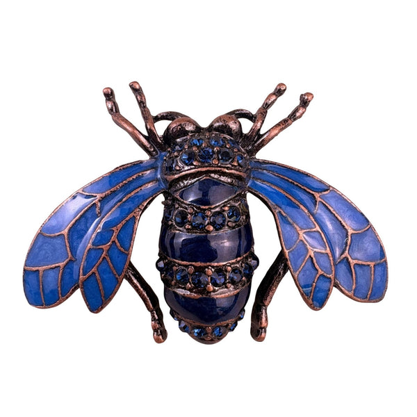 Bee-Vintage Blue Enamel Brooch With Imitation Crystals Copper Tone Jewelry