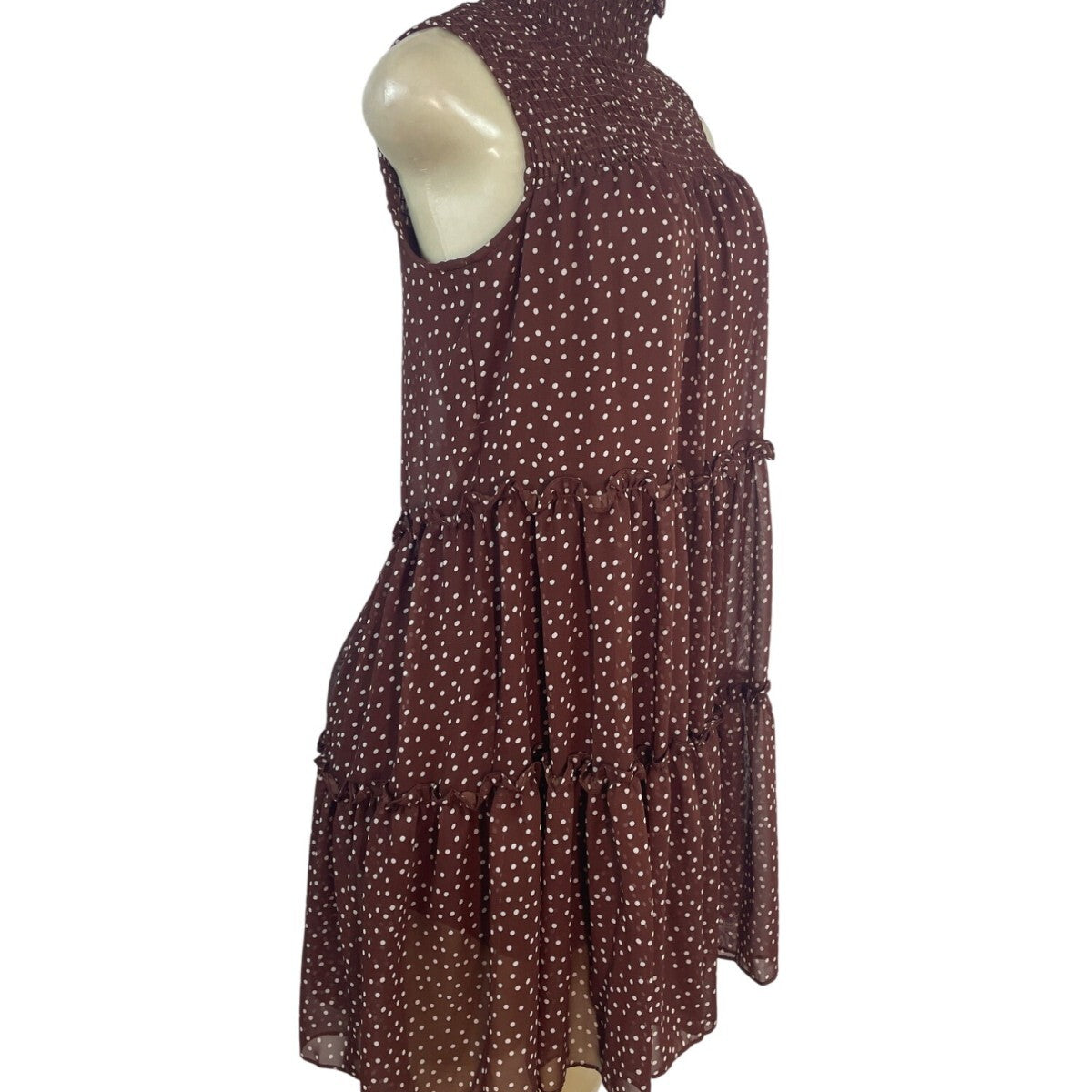 Taylor Women's Brown Polka Dot Tiered Dress With Mock Neck Sz XS - New