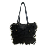Jessica Simpson Women’s Black Straw Contrast Trim Ruffle Shoulder Tote Bag