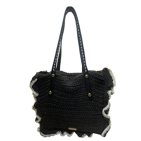Jessica Simpson Women’s Black Straw Contrast Trim Ruffle Shoulder Tote Bag