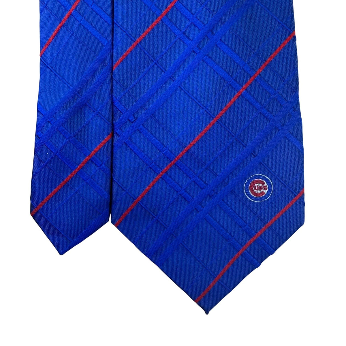 MLB Mens Blue Silk Tie With Plaid Design & Chicago Cubs Logo 100% Silk