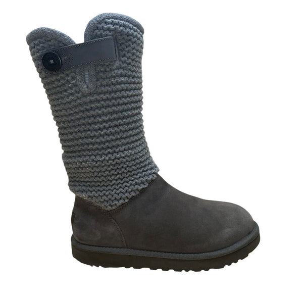 UGG Women’s Gray Knit Cuff & Suede Strap Detail Classic Pull-On Boots Size 8