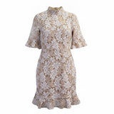 Pretty Little Thing Womens Beige Lace Floral High Neck Mini Dress Size US 6