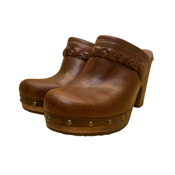 Ugg Women's Brown Leather  With Braided Strap High-Heel Studded Mules Size 8