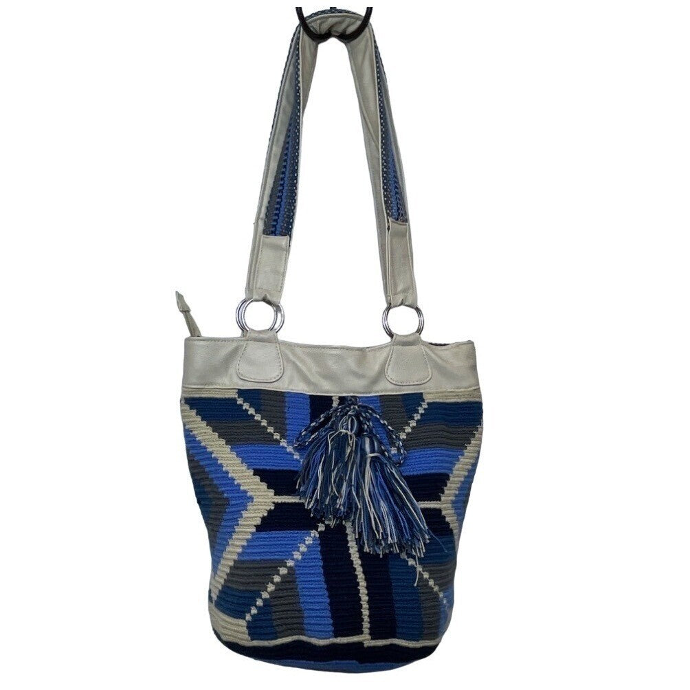 Handcrafted Women's Blue Wool Wayuu Design Ivory Leather Shoulder Bag Sz M